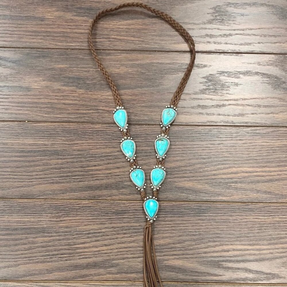 Handmade Turquoise Suede Necklace 38” Western Boho Statement Fringe Rodeo